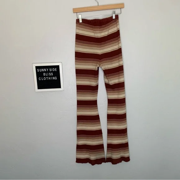 Brown Striped Wide Leg Ribbed Knit Pants Women’s Size Medium Cozy Stretch - Picture 4 of 9